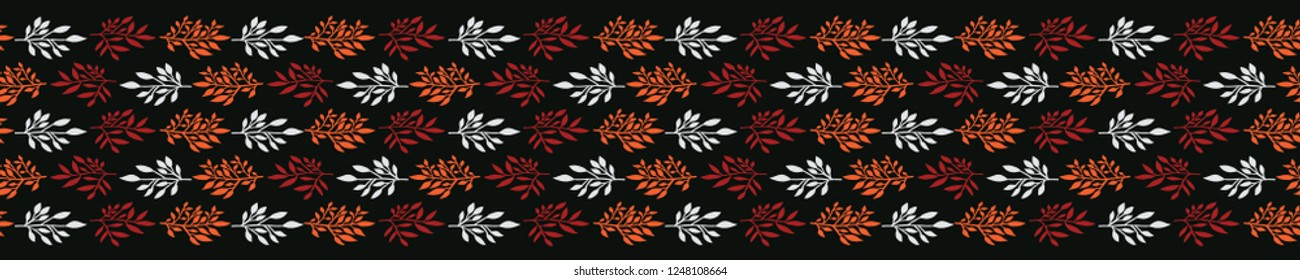 Boho Garden Leaves Seamless Vector Border. Botanical Leaf Shapes. Dark Black Red Bohemian Folk Stripe. Hand Drawn Striped Fashion Trim, Classy Banner, Stationery, Washi Tape, Hipster Nature Packaging.