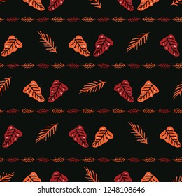Boho Garden Leaves Stripes All Over Print Vector. Botanical Seamless Repeating Pattern. Dark Red Black Bohemian Folk Background. Drawn Fashion Prints, Wallpaper, Stationery, Hipster Nature Packaging.