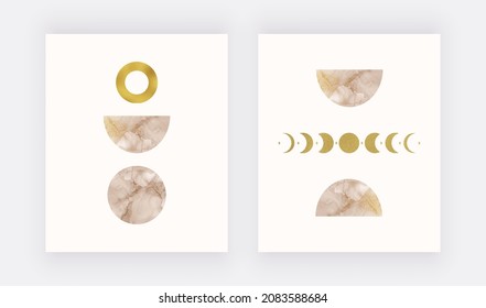 Boho Geometric Wall Art Prints With Nude Shapes And Golden Moon Phases