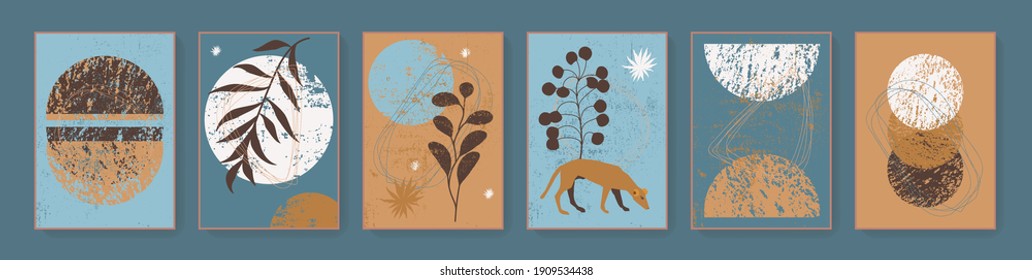 Boho Geometric Wall Decor Prints. Bohemian Style Abstract Botanical Cards. Printable Artistic Boho Dog Wall Art Home Decor. Earth Tones Blue Mustard Colors Elegant Vector Wall Posters, Covers
