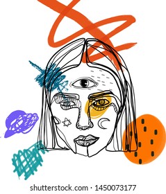 Boho girl in ethnic surrealistic style. Freehand composition with a portrait of a woman drawn by one black continuous line on an abstract background with color geometric details.
