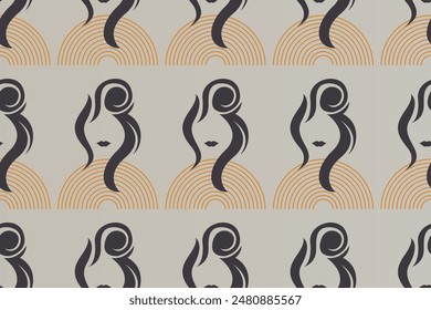 Boho girl seamless pattern background. Mid century style seamless pattern
