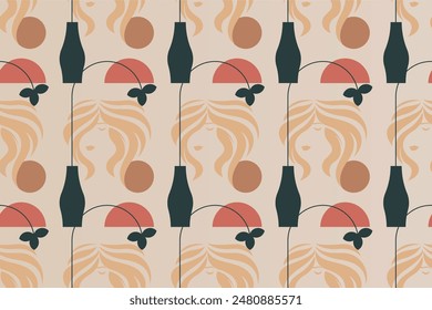 Boho girl seamless pattern background. Mid century style seamless pattern