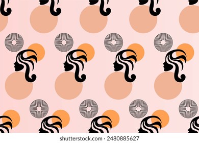 Boho girl seamless pattern background. Mid century style seamless pattern