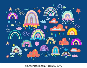 Boho girlish collection of rainbows, clouds and stars. Cute illustrations in kid s style. For children s rooms, invitations, prints on a t-shirt, pillow, decal, sublimation, soap packaging design