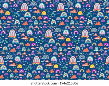 Boho girlish set is a seamless pattern of rainbows, clouds, and stars. Cute illustrations in kid s style. For childrens rooms, invitations, prints on a t-shirt, pillow, decal, sublimation