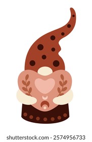 Boho gnome clipart. Valentines day clipart. Cute Valentine gnome in cartoon flat style. Hand draw vector illustration