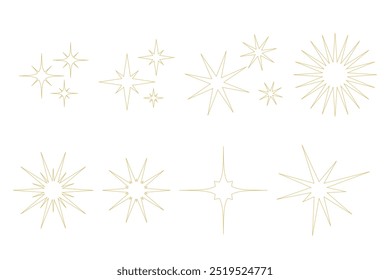 Boho gold star sparkle shine set. Yellow star shine twinkle glow, spark glitter, magic party light outline vector illustration. Sketch line art style sparkle elements.