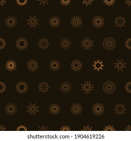 Boho Golden Sun Seamless Pattern in Minimal Liner Style. Vector Dark Background for Fabric print, Cover, Wrapping