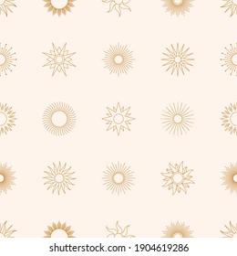 Boho Golden Sun Seamless Pattern in Minimal Liner Style. Vector Pink Background for Fabric print, Cover, Wrapping