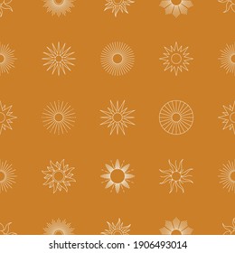 Boho Golden Sun Seamless Pattern in Minimal Liner Style. Vector Background for Fabric print, Cover, Wrapping, Wallpaper