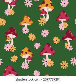 Boho Green Cute Trendy Mushrooms Fun Funky Phone Case Background Stationary Fashion Textile Repeat Seamless Pattern