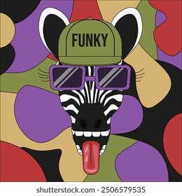 Boho Groovy art with funky Hippie zebra in cap. Abstract psychedelic poster template design. Flat style vector aesthetic can used interior painting t-shirt print. EPS 10