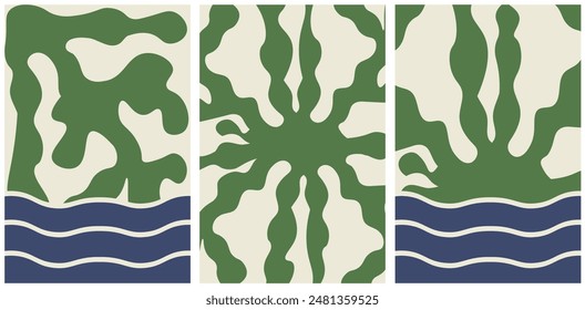 Boho Groovy beach seaweed. Surf Club summer aesthetic background. Trendy retro Naive Poster cover set. Organic Shapes art. Abstract Posters collection. Kraken. Loch ness. Vector illustration. EPS 10