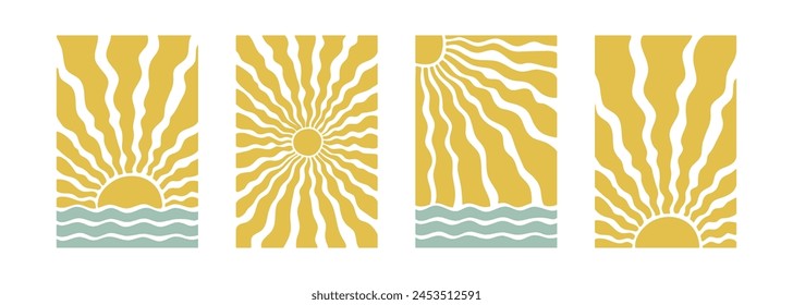 Boho groovy beach sun sea. Surf club vacation and sunny summer day aesthetic. Vector illustration background in trendy retro naive simple style. Pastel yellow blue braun colors.