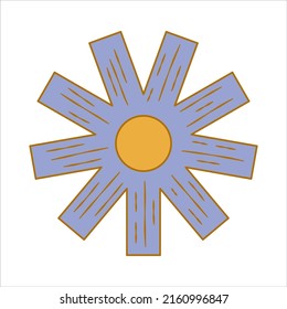 Boho groovy blue flower isolated on white background. Daisy retro flower for pastel hippie design. Vector illustration