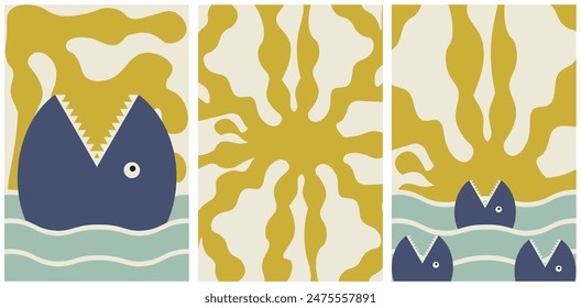 Boho Groovy fish sun beach. Surf Club summer sunny day background. Trendy retro Naive Poster cover set. Organic Shapes sun beach art. Abstract Posters collection. Vector illustration. EPS 10