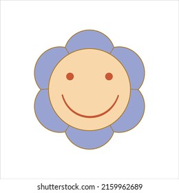 Boho groovy flower smile isolated on white background. Retro flower for pastel hippie design. Vector illustration