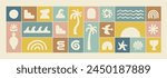 Boho groovy palm tree beach sun sea stickers. Surf club vacation and sunny summer day aesthetic. Vector illustration background in trendy retro naive simple style. Pastel yellow blue braun colors.