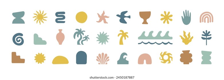 Boho groovy palm tree beach sun sea stickers. Surf club vacation and sunny summer day aesthetic. Vector illustration background in trendy retro naive simple style. Pastel yellow blue braun colors.