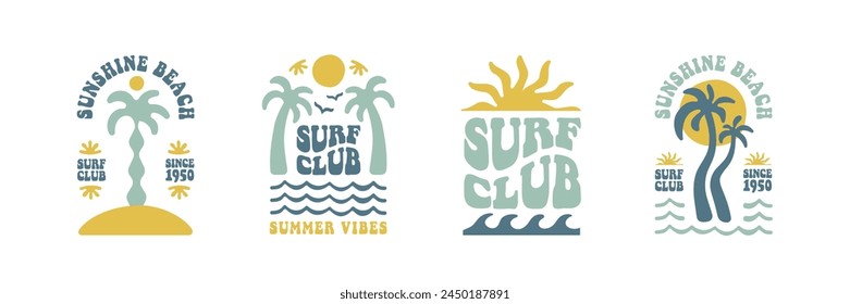 Boho groovy palm tree beach sun sea. Surf club vacation and sunny summer day aesthetic. Vector illustration background in trendy retro naive simple style. Pastel yellow blue braun colors.