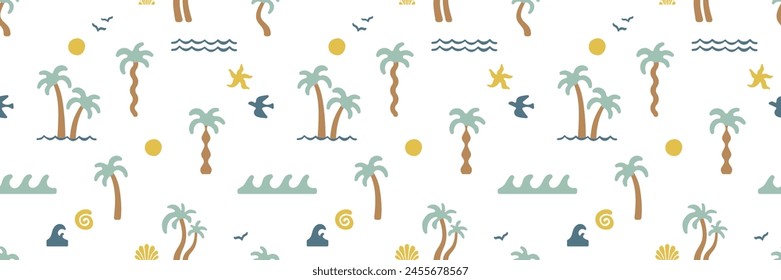 Boho groovy palm tree beach sun sea seamless pattern. Surf club vacation and sunny summer day aesthetic. Vector illustration background in trendy retro naive style. Pastel yellow blue braun colors.