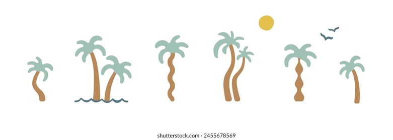 Boho groovy Palme Strand Sonne Meer. Surf Club Urlaub und sonnige Sommertag Ästhetik. Vektorillustration Hintergrund im trendigen Retro-naiven schlichten Stil. Pastellgelbe blaue Braunfarben.