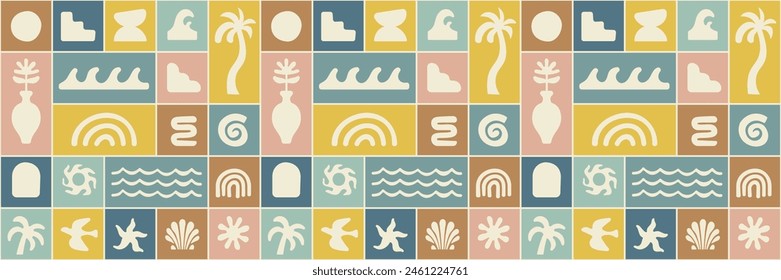 Boho groovy palm tree beach sun sea seamless pattern. Surf club vacation and sunny summer day aesthetic. Vector illustration background in trendy retro naive style. Pastel yellow blue braun colors.