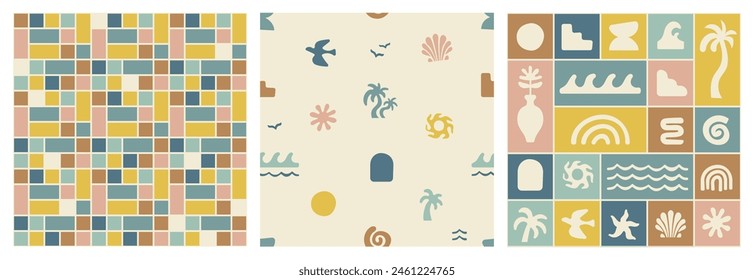 Boho groovy palm tree beach sun sea seamless patterns. Surf club vacation and sunny summer day aesthetic. Vector illustration background in trendy retro naive style. Pastel yellow blue braun colors.