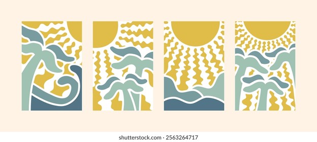 boho groovy palm tree beach sun sea. Surf club vacation and sunny summer day aesthetic . Vector illustration background in trendy retro naive simple style.