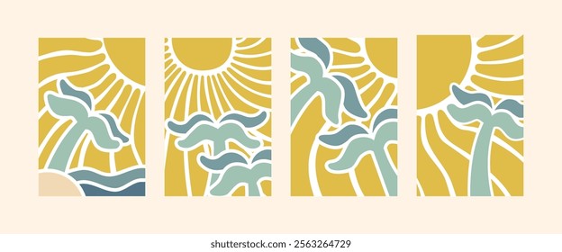 boho groovy palm tree beach sun sea. Surf club vacation and sunny summer day aesthetic . Vector illustration background in trendy retro naive simple style.