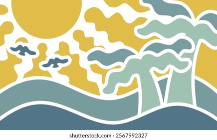 boho groovy palm tree beach sun sea. Surf club vacation and sunny summer day aesthetic . Vector illustration background in trendy retro naive simple style.