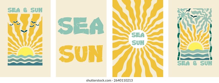 
Boho groovy palm tree beach sun sea. Surf club vacation and sunny summer day aesthetic. Vector illustration background in trendy retro naive simple style. Paste