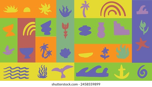Boho groovy stickers.  Vector illustration background in trendy retro naive simple style. 