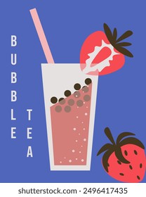 Boho Groovy style poster with trendy Bubble Tea with strawberry and tapioca balls. Retro style poster for interior design. Glass of cold summer dring. Simple flat vector aesthetic. EPS 10