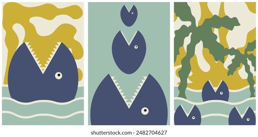 Boho Groovy summer aesthetic. Surf Club organic shapes sunny day background. Trendy retro Naive Poster cover set.  Abstract Posters collection. Vector illustration. EPS 10