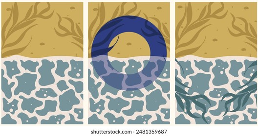 Boho Groovy summer background collection. Set of Surf club sunny day aesthetic posters. Simple Naive style vector illustration. Blue yellow pastel colors.