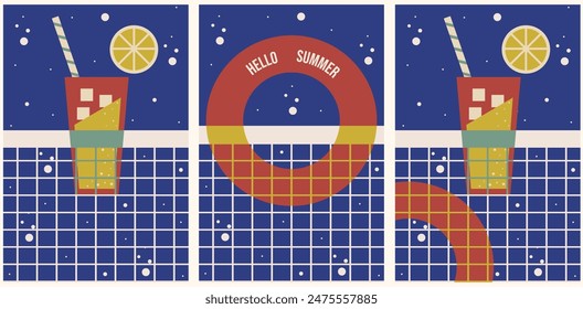 Boho Groovy summer drink. Set of Simple Naive style posters for pool party. Surf club summer aesthetic. Trendy retro Vector illustration. Blue red brown pastel color. EPS 10
