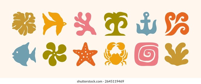 Boho Groovy Summer Icons in Retro Style. Vector Abstract Square Tropical Illustrations in Freehand. Geometric Bird, Sun, Sea Wave, Palm, Flower, Crab, Fish for Logo, Patterns, T-Shirt Print, Stickers