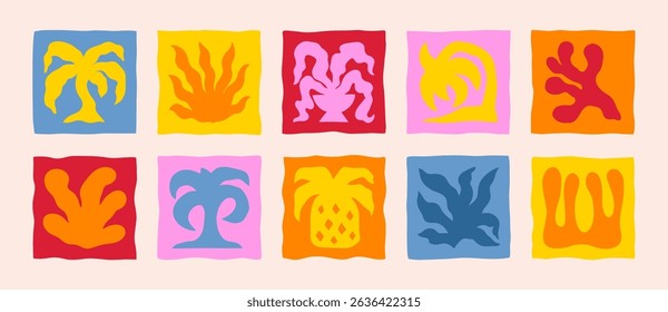 Boho Groovy Summer Plants Icons in Naive Style. Vector Abstract Square Tropical Illustrations Palm Tree, Pineapple, Coral, Seaweed for Logo, Patterns, T-Shirt Print, Stickers, Social Media