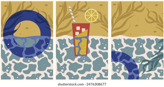 Boho Groovy summer poster covers design.  Surf club sunny day vector aesthetic. Collection of retro vector illustration placard in trendy abstract style. EPS 10