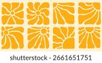 Boho groovy sun patterns with abstract yellow shapes and retro floral designs for vintage backgrounds or decorative wallpaper in bohemian style. Modern artistic elements for creative design work.