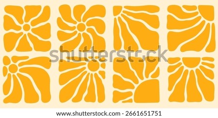 Boho groovy sun patterns with abstract yellow shapes and retro floral designs for vintage backgrounds or decorative wallpaper in bohemian style. Modern artistic elements for creative design work.