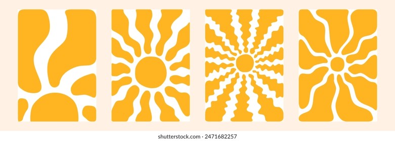 Boho groovy sun. Surf club vacation and sunny summer day aesthetic. Vector illustration background in trendy retro naive simple style. yellow color