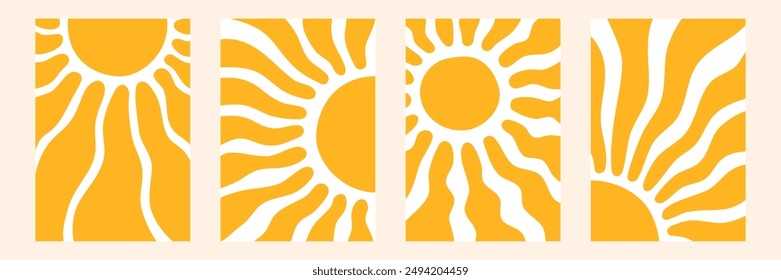 Boho groovy sun. Surf club vacation and sunny summer day aesthetic. Vector illustration background in trendy retro naive simple style. yellow color