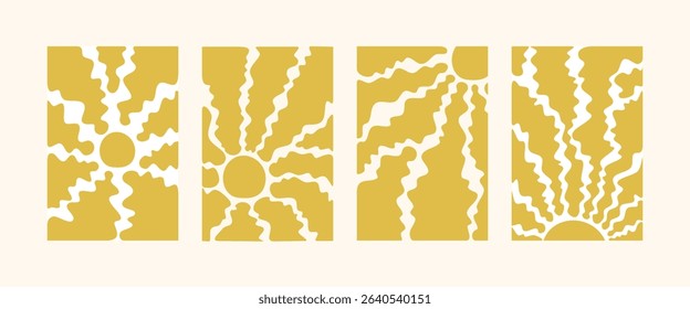 Boho groovy sun. Surf club vacation and sunny summer day aesthetic. Vector illustration background in trendy retro naive simple style. yellow color