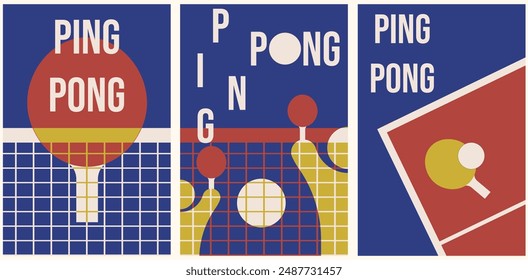 Boho Groovy vertical sport poster design. Ping Pong banner in trendy simple abstract style. Minimalism Geometrical vector illustration. EPS 10