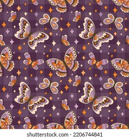 Boho Halloween backgroound. Stars and butterflies magical seamless pattern. 70s Digital paper in retro style.