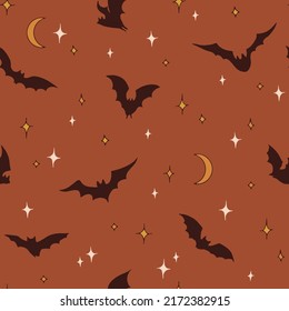 Boho Halloween Bat silhouette fly in starry night sky vector seamless pattern. Rearmouse nocturnal animal background. Groovy Autumn faded colours surface design.