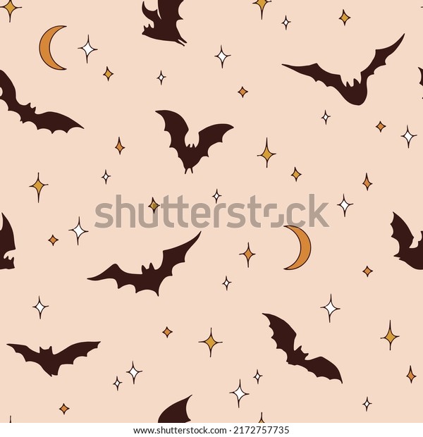 Boho Halloween Bat silhouette fly\
in starry night sky vector seamless pattern. Rearmouse nocturnal\
animal background. Groovy Autumn faded colours surface\
design.